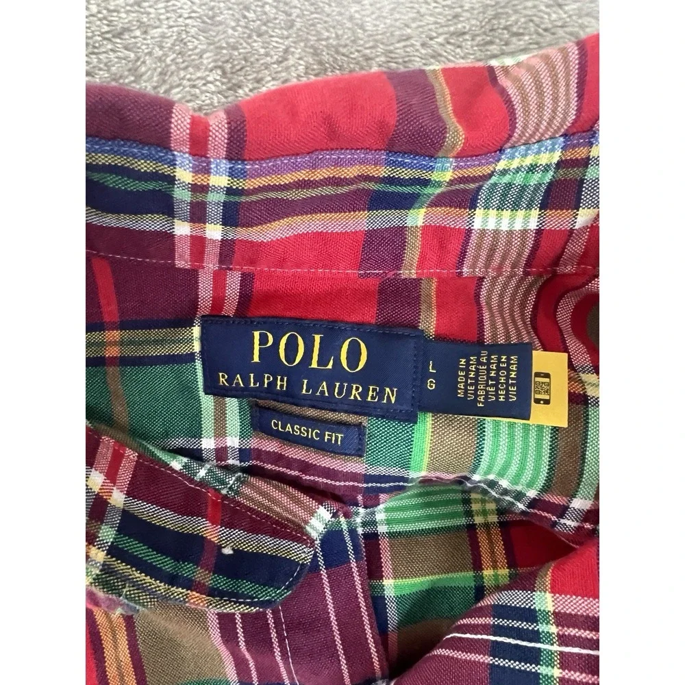Polo Ralph Lauren Mens Shirt Large Red Green Plaid Button Front